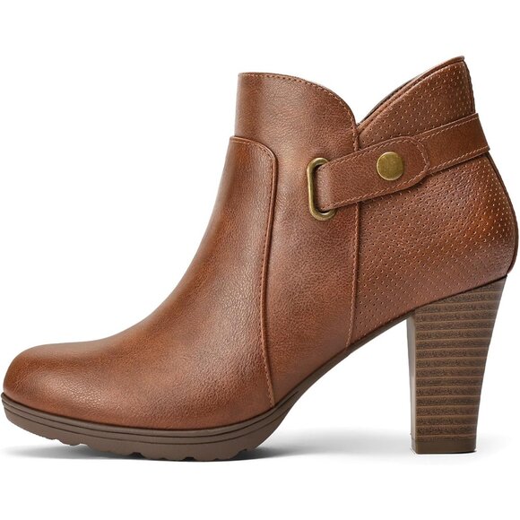 ⚡Women's Brown Buckle Zipper Booties Chunky Stacked Heel Ankle Boots Strap Ankle - Picture 2 of 4